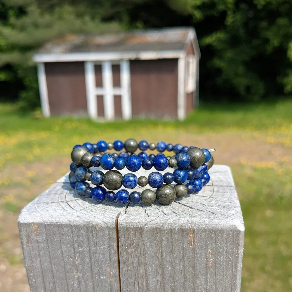 Natural Lapis Lazuli and Pyrite Memory Wire Layer Bracelet - Picture 10 of 14